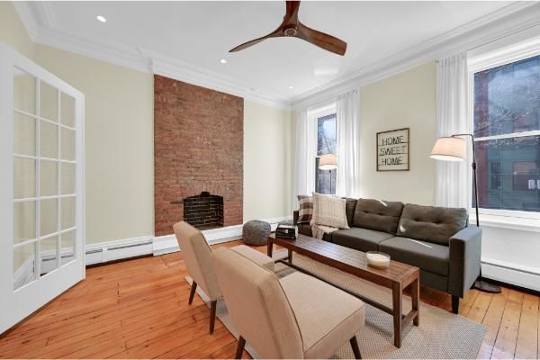 Fireplace, Home Office, Interior, Living room, Recessed Lighting, Stone Walls, Wood Texture Flooring