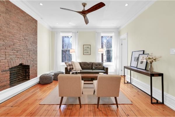 Fireplace, Interior, Living room, Recessed Lighting, Stone Walls, Wood Texture Flooring