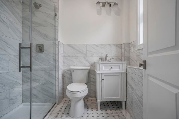 Bathroom, Glass Shower, Interior, Marble Walls