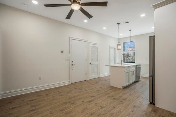 Interior, Kitchen, Pendant Lights, Recessed Lighting, Wood Texture Flooring