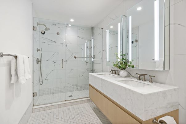 Bathroom, Dual Sink Vanities, Glass Shower, Interior, Marble Walls, Recessed Lighting