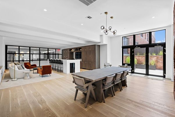 Dining room, Interior, Living room, Pendant Lights, Recessed Lighting, Wood Texture Flooring