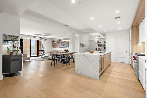 Dining room, Interior, Kitchen, Living room, Pendant Lights, Recessed Lighting, Stainless Steel Appliances, Wood Texture Flooring