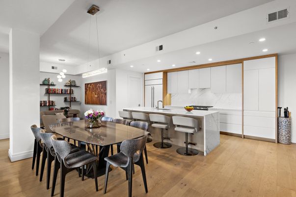 Dining room, Interior, Kitchen, Marble Walls, Pendant Lights, Recessed Lighting, Wood Texture Flooring