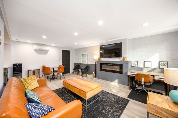 Dining room, Fireplace, Interior, Living room, Recessed Lighting, Wood Texture Flooring