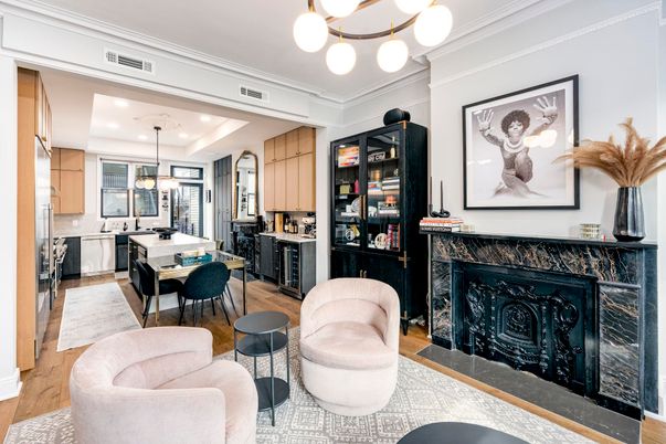 Dining room, Fireplace, Interior, Kitchen, Pendant Lights, Recessed Lighting, Wood Texture Flooring