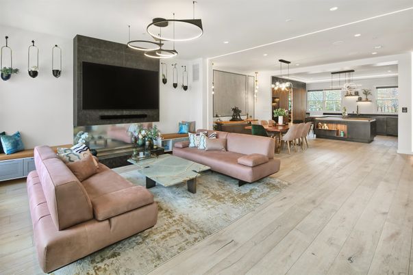 Dining room, Fireplace, Interior, Living room, Pendant Lights, Recessed Lighting, Wood Texture Flooring