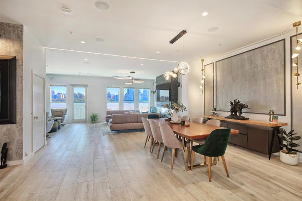 Dining room, Interior, Living room, Pendant Lights, Recessed Lighting, Wood Texture Flooring