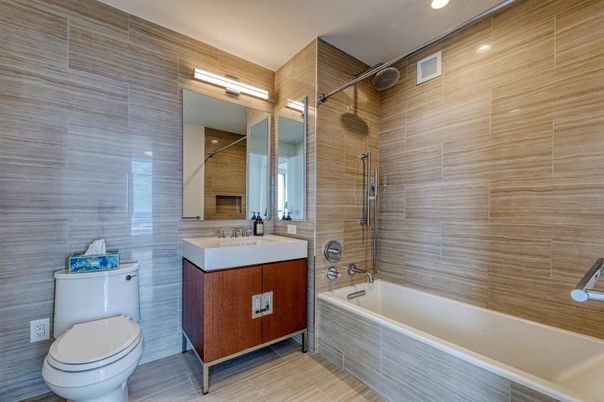 Bathroom, Dual Sink Vanities, Interior, Recessed Lighting, Wood Texture Flooring