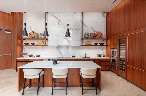 Interior, Kitchen, Marble Walls, Pendant Lights, Stainless Steel Appliances