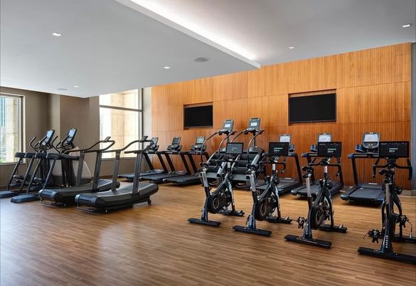 Fitness Equipment, Gym, Interior, Recessed Lighting, Wood Texture Flooring, Wooden Walls