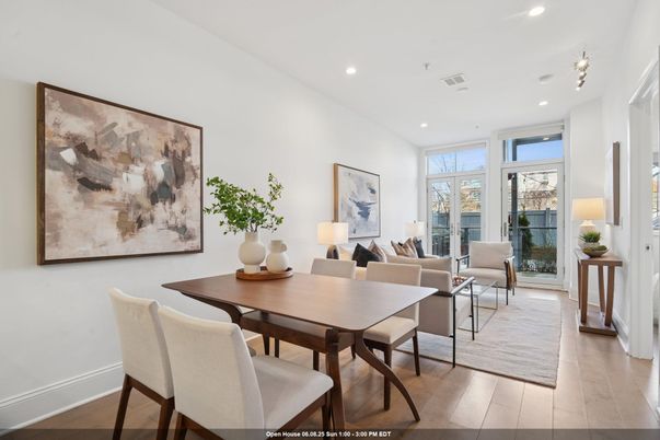 Dining room, Interior, Living room, Recessed Lighting, Wood Texture Flooring