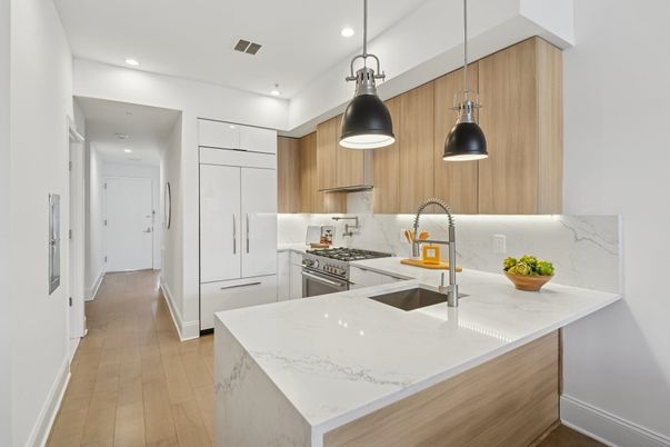 Interior, Kitchen, Pendant Lights, Recessed Lighting, Stainless Steel Appliances, Wood Texture Flooring