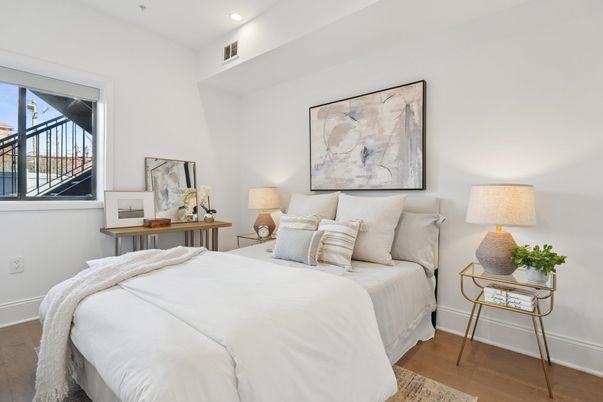 Bedroom, Interior, Recessed Lighting, Wood Texture Flooring