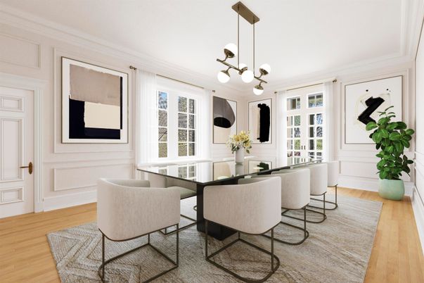 Dining room, Interior, Pendant Lights, Wood Texture Flooring