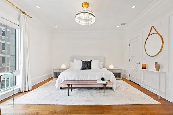 Bedroom, Chandelier, Interior, Recessed Lighting, Wood Texture Flooring