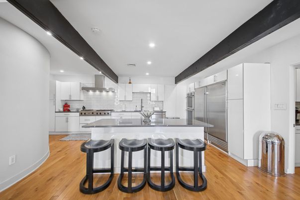 Interior, Kitchen, Recessed Lighting, Stainless Steel Appliances, Wood Texture Flooring