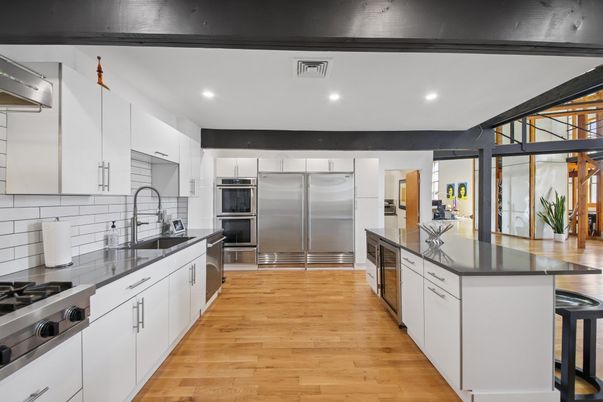 Interior, Kitchen, Recessed Lighting, Stainless Steel Appliances, Wood Texture Flooring