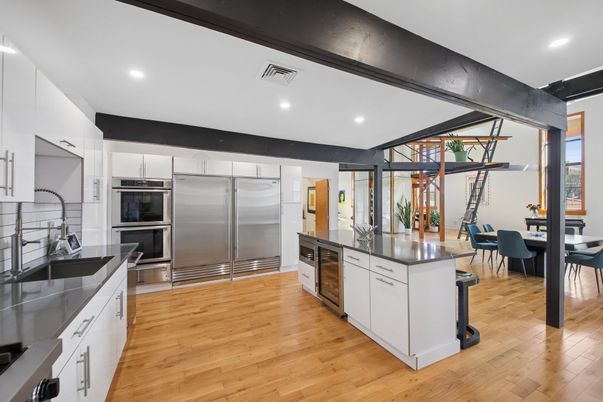 Dining room, Interior, Kitchen, Recessed Lighting, Stainless Steel Appliances, Wood Texture Flooring
