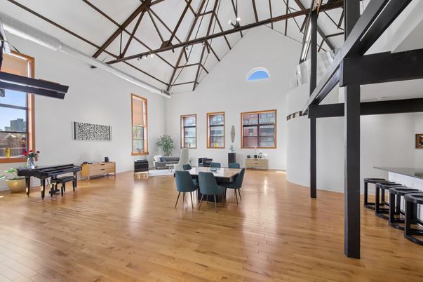 Dining room, Interior, Pendant Lights, Piano, Wood Texture Flooring