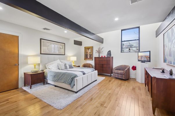 Bedroom, Interior, Recessed Lighting, Wooden Beams, Wood Texture Flooring