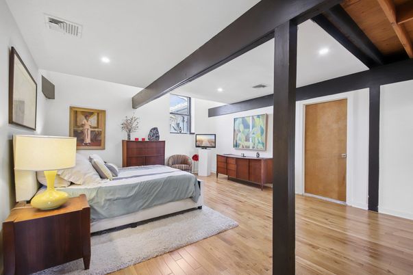 Bedroom, Interior, Recessed Lighting, Wooden Beams, Wooden Ceilings, Wood Texture Flooring