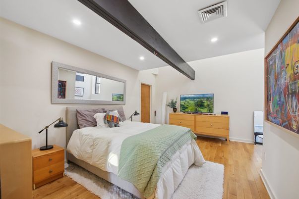 Bedroom, Interior, Recessed Lighting, Wooden Beams, Wood Texture Flooring