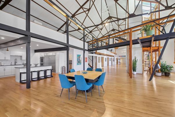 Dining room, Interior, Kitchen, Pendant Lights, Recessed Lighting, Wooden Beams, Wood Texture Flooring