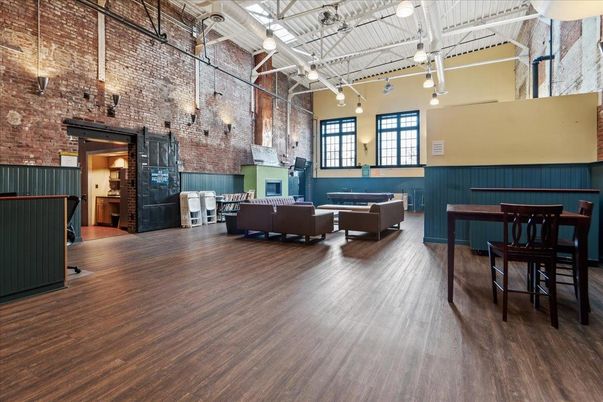 Fireplace, Interior, Living room, Pendant Lights, Stone Walls, Wood Texture Flooring