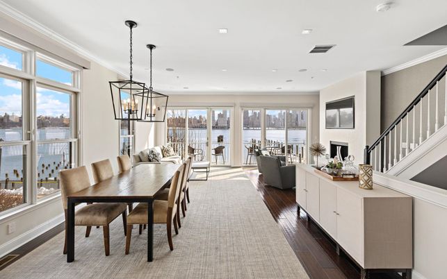 Dining room, Interior, Living room, Pendant Lights, Recessed Lighting, Water, Wood Texture Flooring