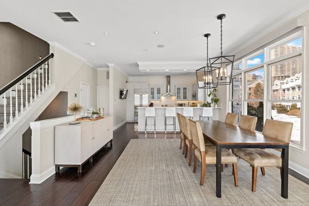 Chandelier, Dining room, Interior, Kitchen, Pendant Lights, Recessed Lighting, Wood Texture Flooring