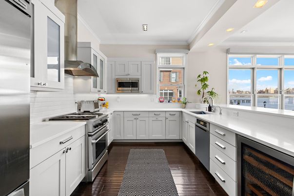 Interior, Kitchen, Recessed Lighting, Stainless Steel Appliances, Water, Wood Texture Flooring