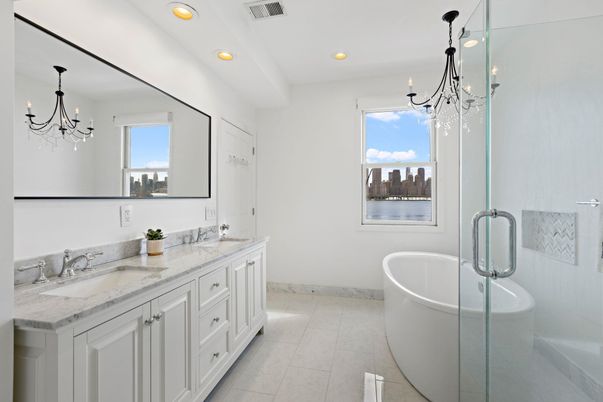 Bathroom, Chandelier, Dual Sink Vanities, Free Standing Baths, Glass Shower, Interior, Recessed Lighting