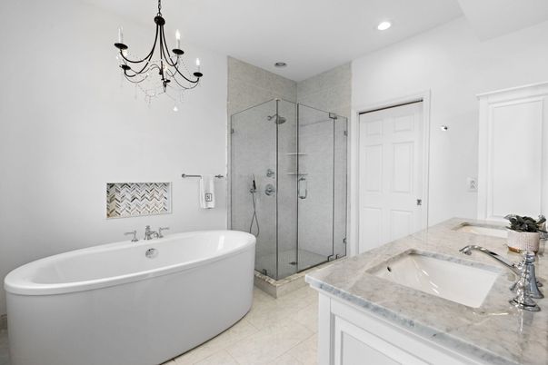Bathroom, Chandelier, Dual Sink Vanities, Free Standing Baths, Glass Shower, Interior, Recessed Lighting