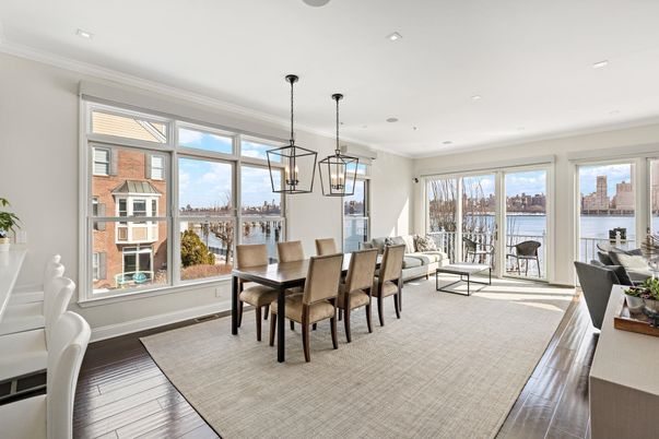 Dining room, Interior, Pendant Lights, Recessed Lighting, Water, Wood Texture Flooring