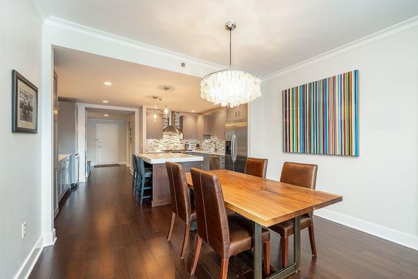 Chandelier, Dining room, Interior, Kitchen, Pendant Lights, Recessed Lighting, Stainless Steel Appliances, Wood Texture Flooring