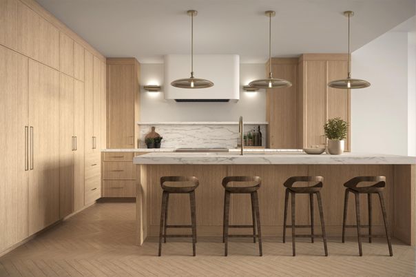 Interior, Kitchen, Marble Walls, Pendant Lights, Wood Texture Flooring