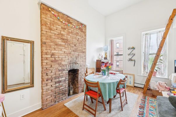 Dining room, Fireplace, Interior, Stone Walls, Wood Texture Flooring