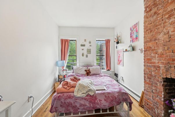 Bedroom, Fireplace, Interior, Stone Walls, Wood Texture Flooring