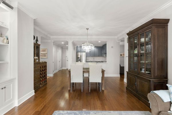 Chandelier, Dining room, Interior, Kitchen, Recessed Lighting, Wood Texture Flooring
