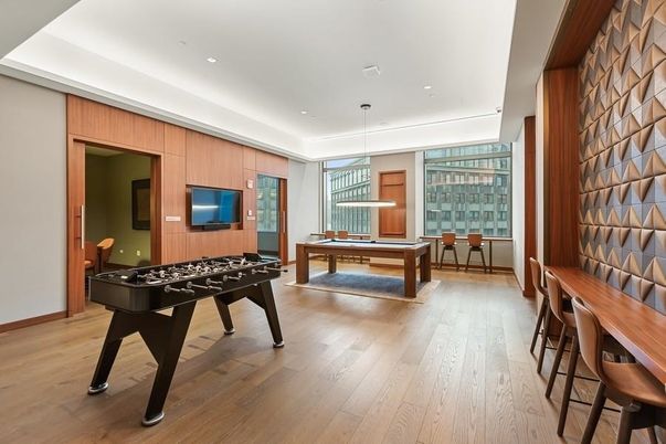 Billiard Table, Game Room, Interior, Pendant Lights, Recessed Lighting, Wood Texture Flooring, Wooden Walls