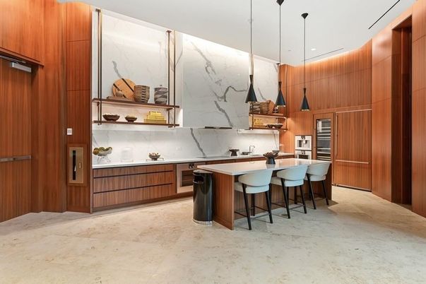 Interior, Kitchen, Marble Walls, Pendant Lights, Stainless Steel Appliances