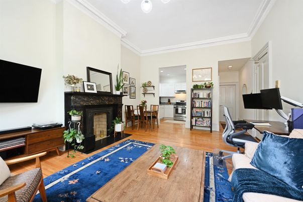 Dining room, Fireplace, Interior, Kitchen, Living room, Recessed Lighting, Wood Texture Flooring