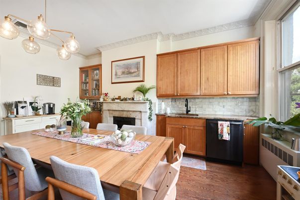 Dining room, Fireplace, Interior, Kitchen, Pendant Lights, Wood Texture Flooring