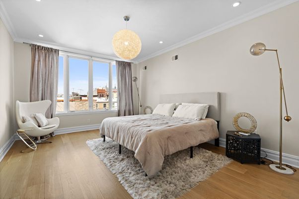 Bedroom, Chandelier, Interior, Recessed Lighting, Wood Texture Flooring