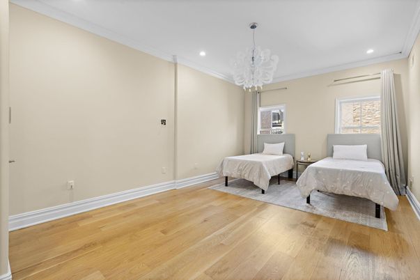 Bedroom, Chandelier, Interior, Recessed Lighting, Wood Texture Flooring