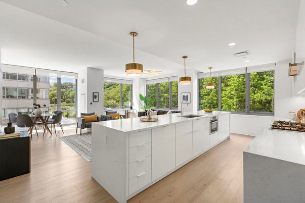 Dining room, Interior, Kitchen, Pendant Lights, Recessed Lighting, Wood Texture Flooring