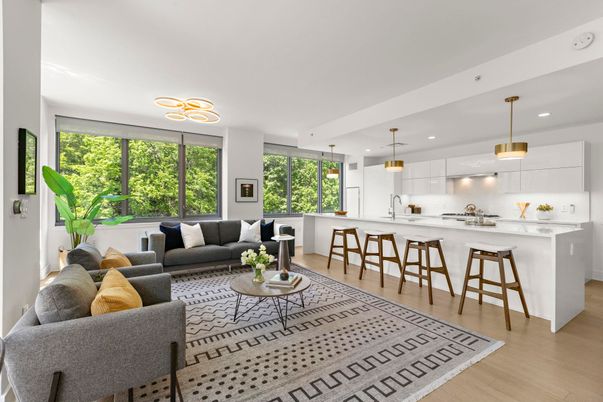 Interior, Kitchen, Living room, Pendant Lights, Recessed Lighting, Wood Texture Flooring
