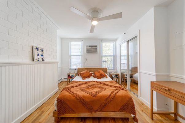 Bedroom, Interior, Stone Walls, Wood Texture Flooring