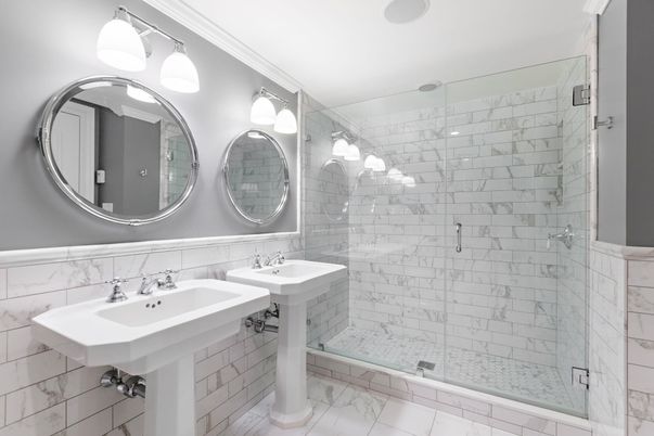 Bathroom, Dual Sink Vanities, Glass Shower, Interior, Marble